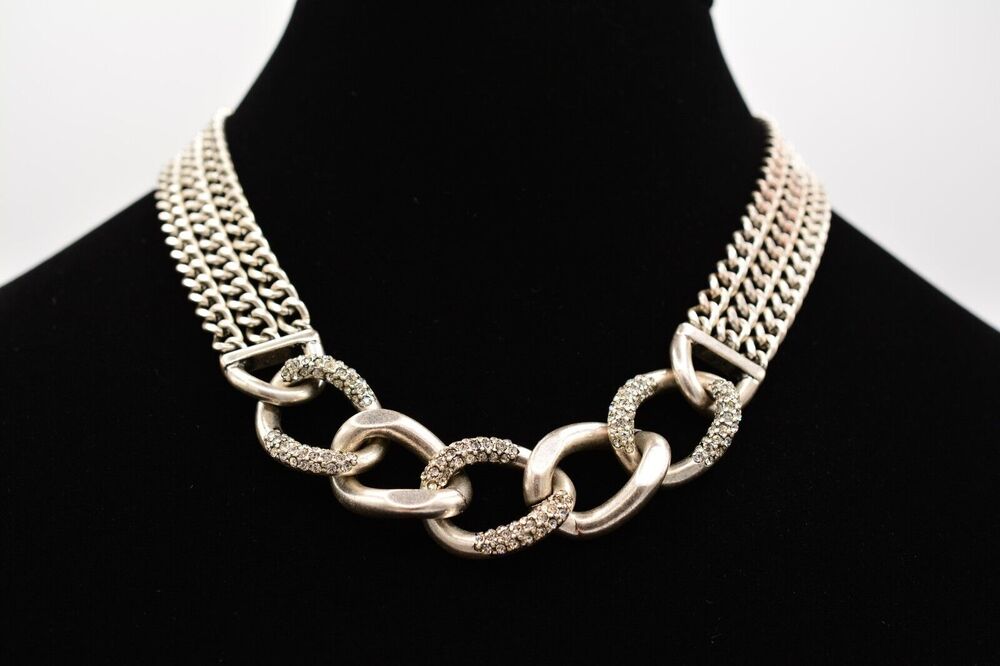 Premier Designs Vintage Necklace Rhinestone Linked Chain Brushed Silver Bin1D